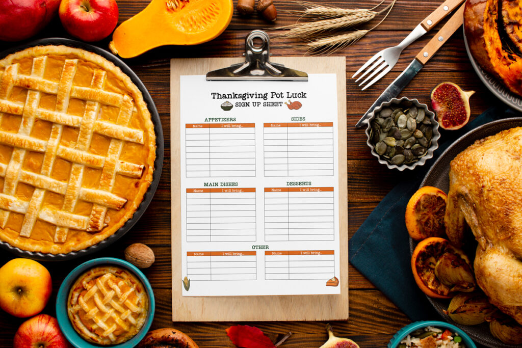 This image is showing an example of the free printable Thanksgiving potluck sign up sheets you can get from this free printable and digital set. There is Thanksgiving food on a wooden table with a wooden clipboard in the middle. On the clipboard is one of the free printable Thanksgiving potluck sign up sheets - it says Thanksgiving Pot Luck SIGN UP SHEET at the top. Below that there is a sign up for the following categories: appetizers, sides, main dishes, desserts, and other.