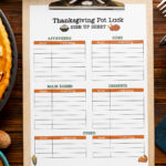 This image is showing an example of the free printable Thanksgiving potluck sign up sheets you can get from this free printable and digital set. There is Thanksgiving food on a wooden table with a wooden clipboard in the middle. On the clipboard is one of the free printable Thanksgiving potluck sign up sheets - it says Thanksgiving Pot Luck SIGN UP SHEET at the top. Below that there is a sign up for the following categories: appetizers, sides, main dishes, desserts, and other.