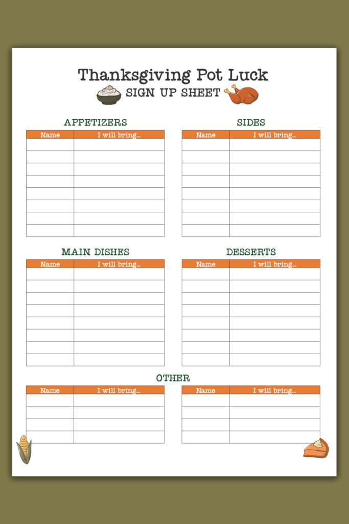 Free Printable Thanksgiving Potluck Sign Up Sheet Set Google Sheets