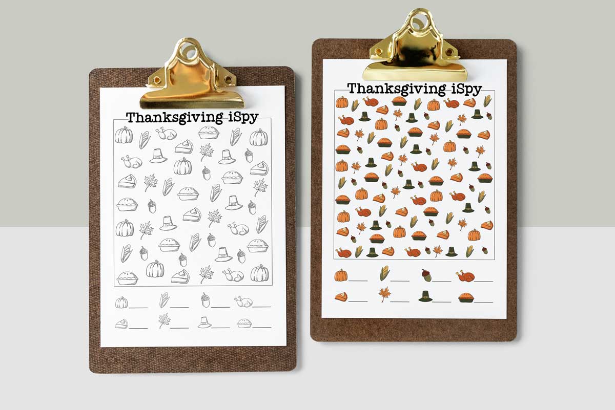 This image shows two of the free I Spy Thanksgiving printables you can grab for free at the end of this post. Each example is on a clipboard.