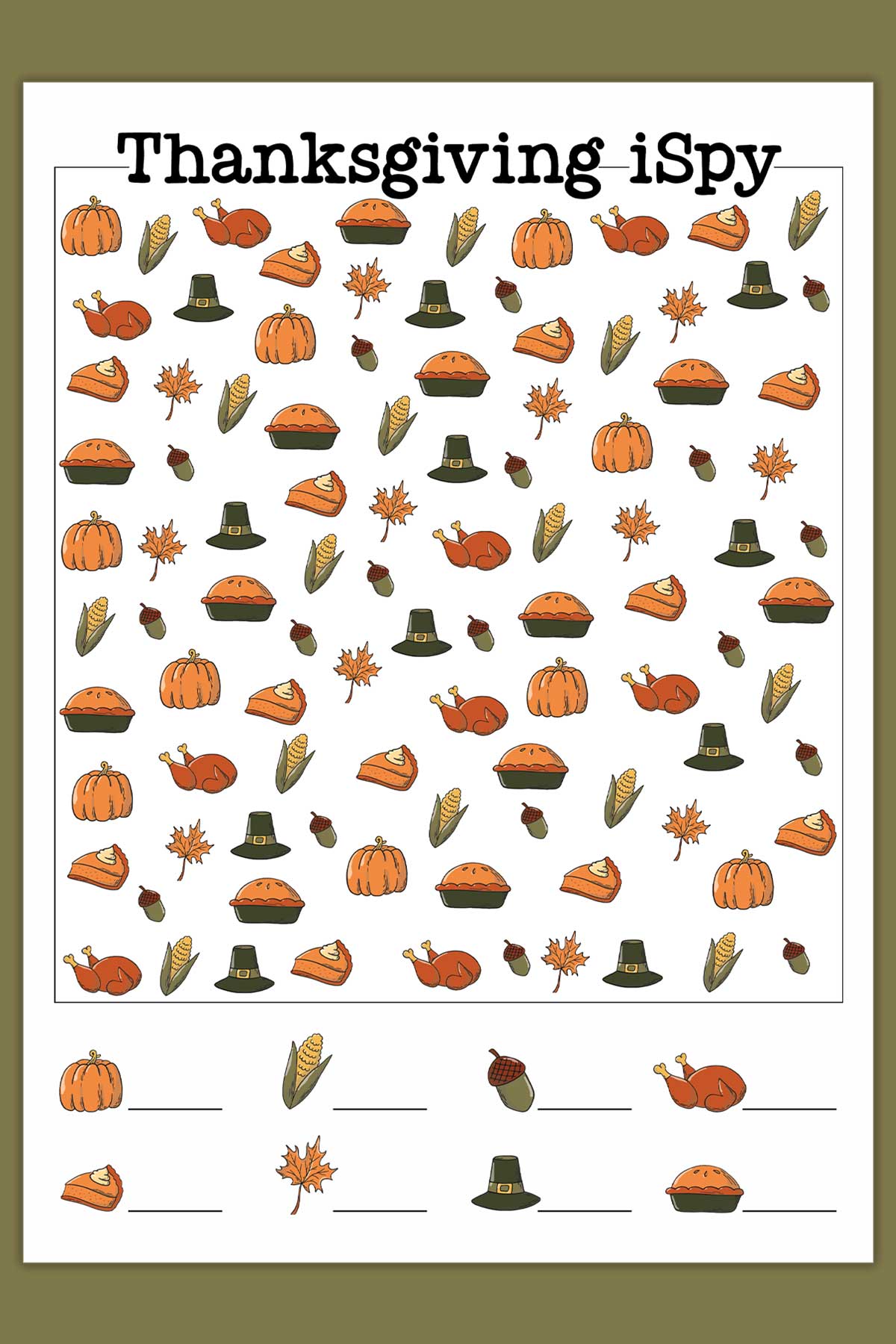 This image shows one of the free I Spy Thanksgiving printables you can grab for free at the end of this post. This version is the colorful, harder Thanksgiving iSpy worksheet.