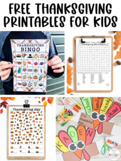 At the top the image says free Thanksgiving printables for kids. Below that are examples of the free printable Thanksgiving activities for kids you can get in this round up of over 30 free printables.