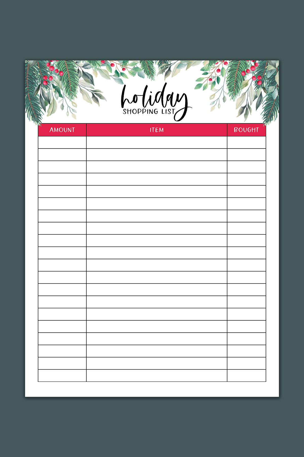 This image shows one of the pages that are part of the printable Christmas planner files you can get at the end of this blog post. This is the holiday shopping list.