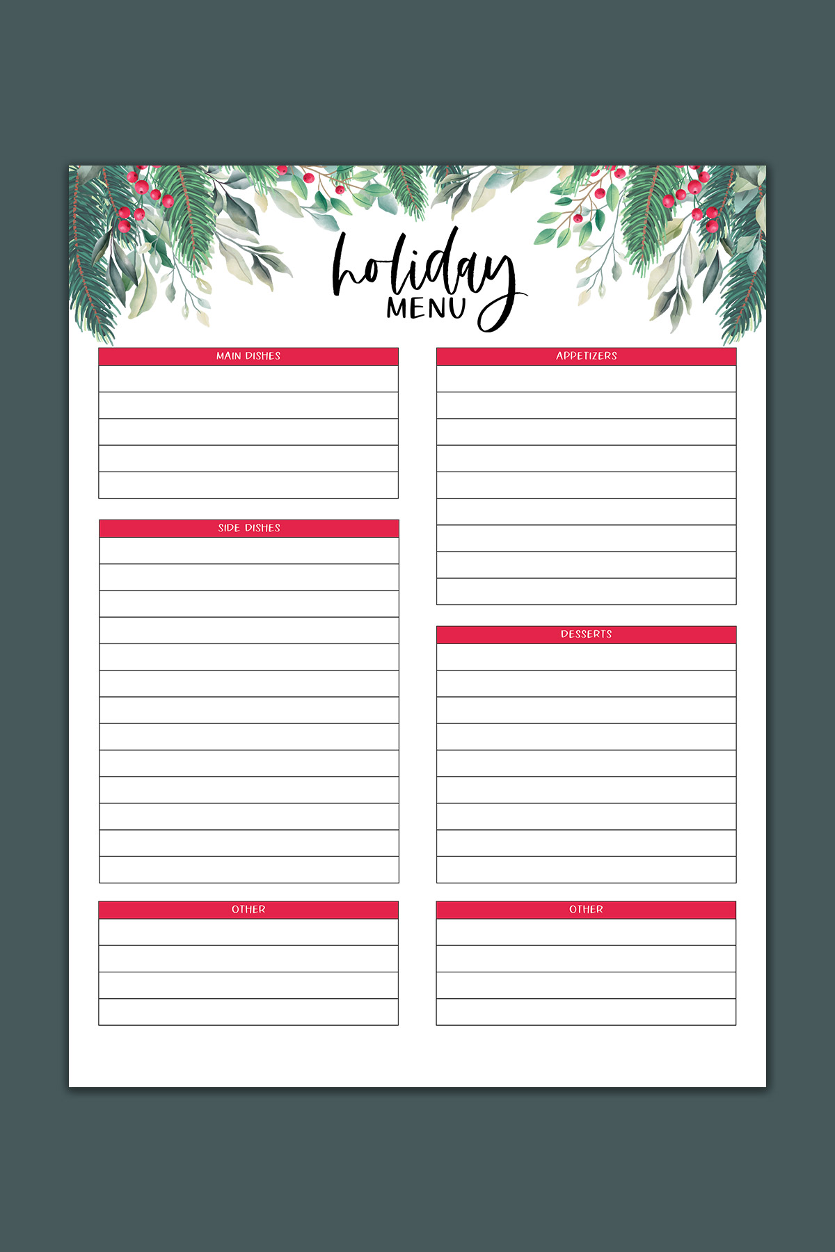 This image shows one of the pages that are part of the printable Christmas planner files you can get at the end of this blog post. This is the holiday menu planner, version 2.