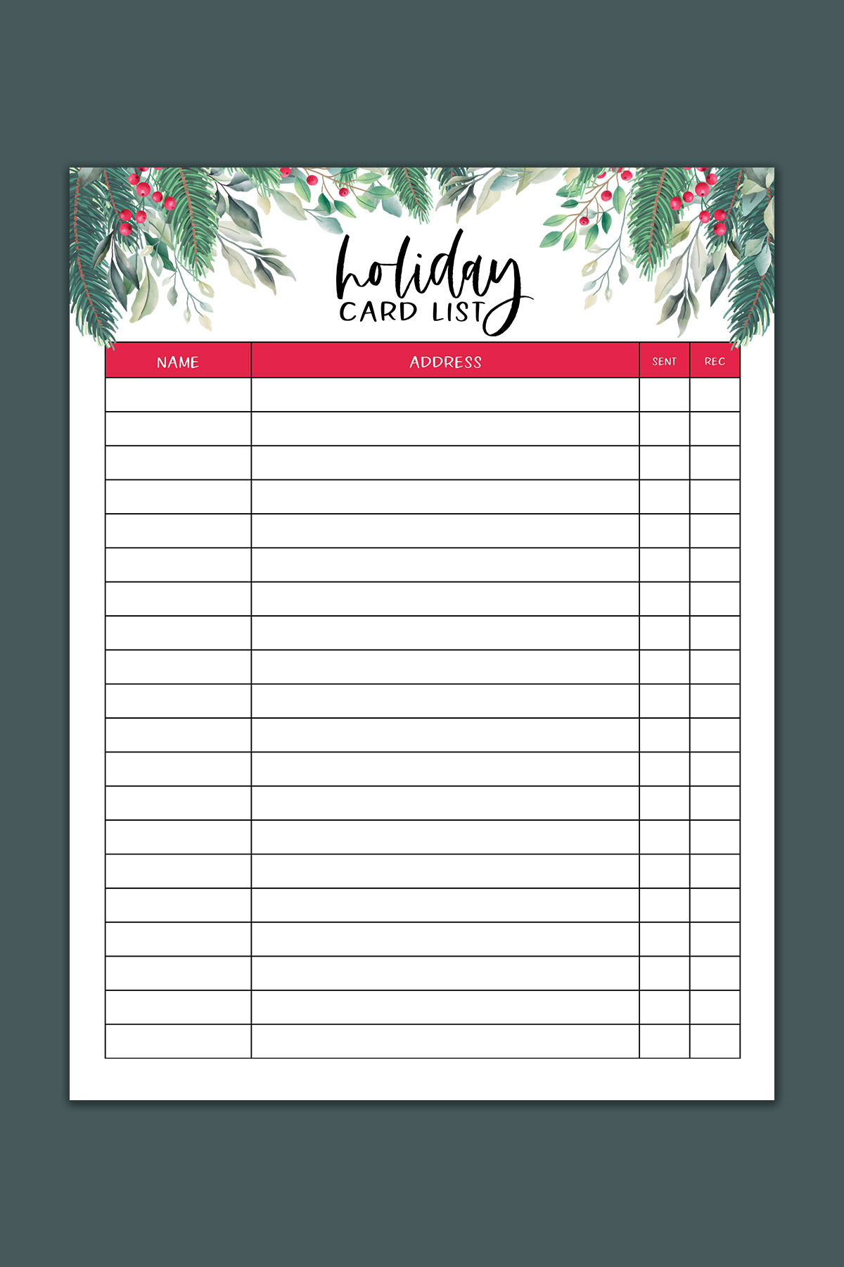 This image shows one of the pages that are part of the printable Christmas planner files you can get at the end of this blog post. This is the holiday card list.