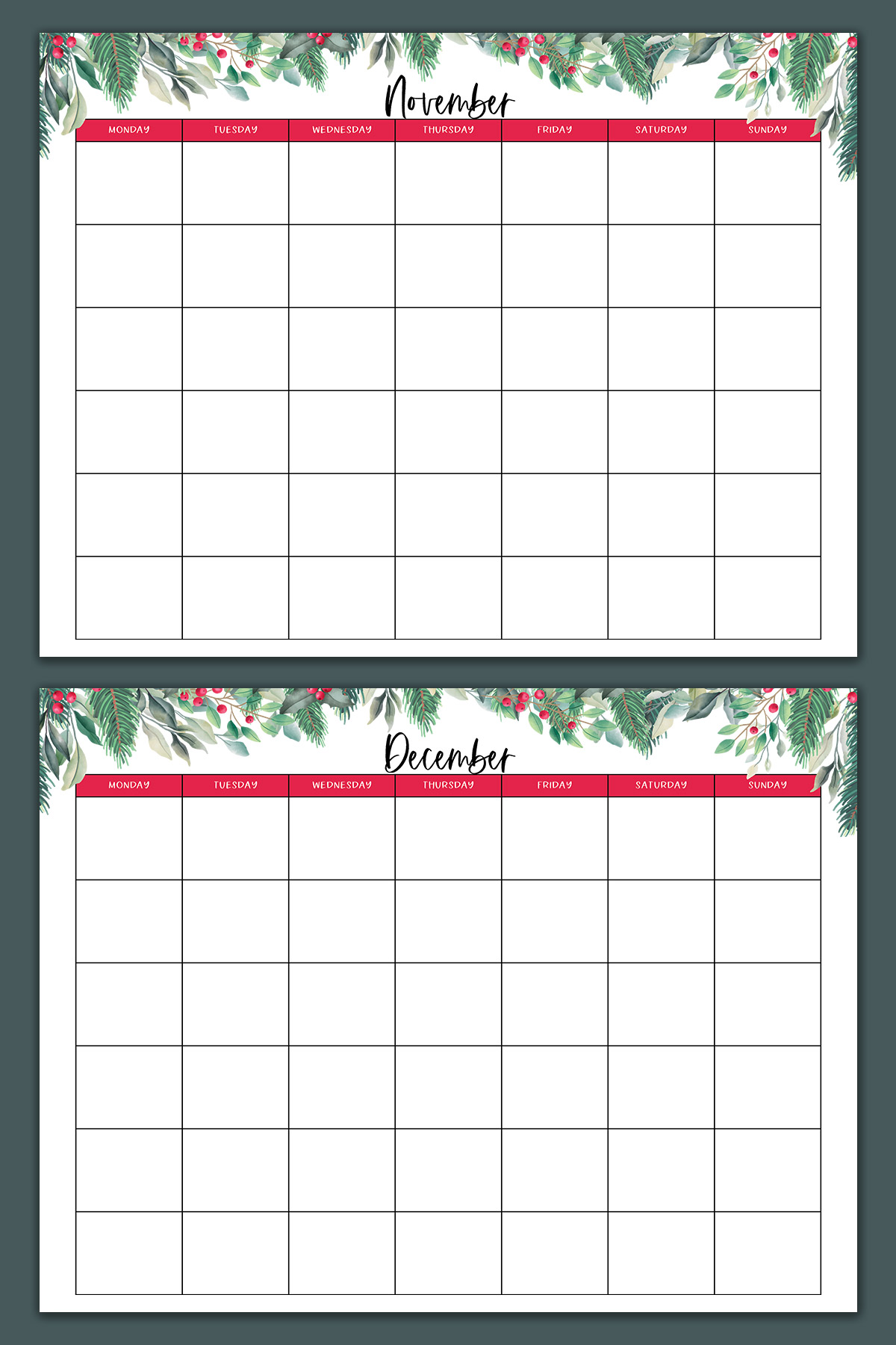 This image shows two of the pages that are part of the printable Christmas planner files you can get at the end of this blog post. These are the blank November and December calendars.