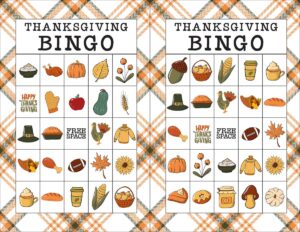 This is an image of two of the free bingo cards from the Thanksgiving bingo cards free printable set. It says Thanksgiving bingo at the top and below that are a bunch of Thanksgiving themed clip art.