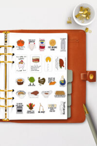 This image shows all of the free Thanksgiving planner stickers you can download at the end of this post. The image shows 23 different funny Thanksgiving stickers with funny sayings and clip art.