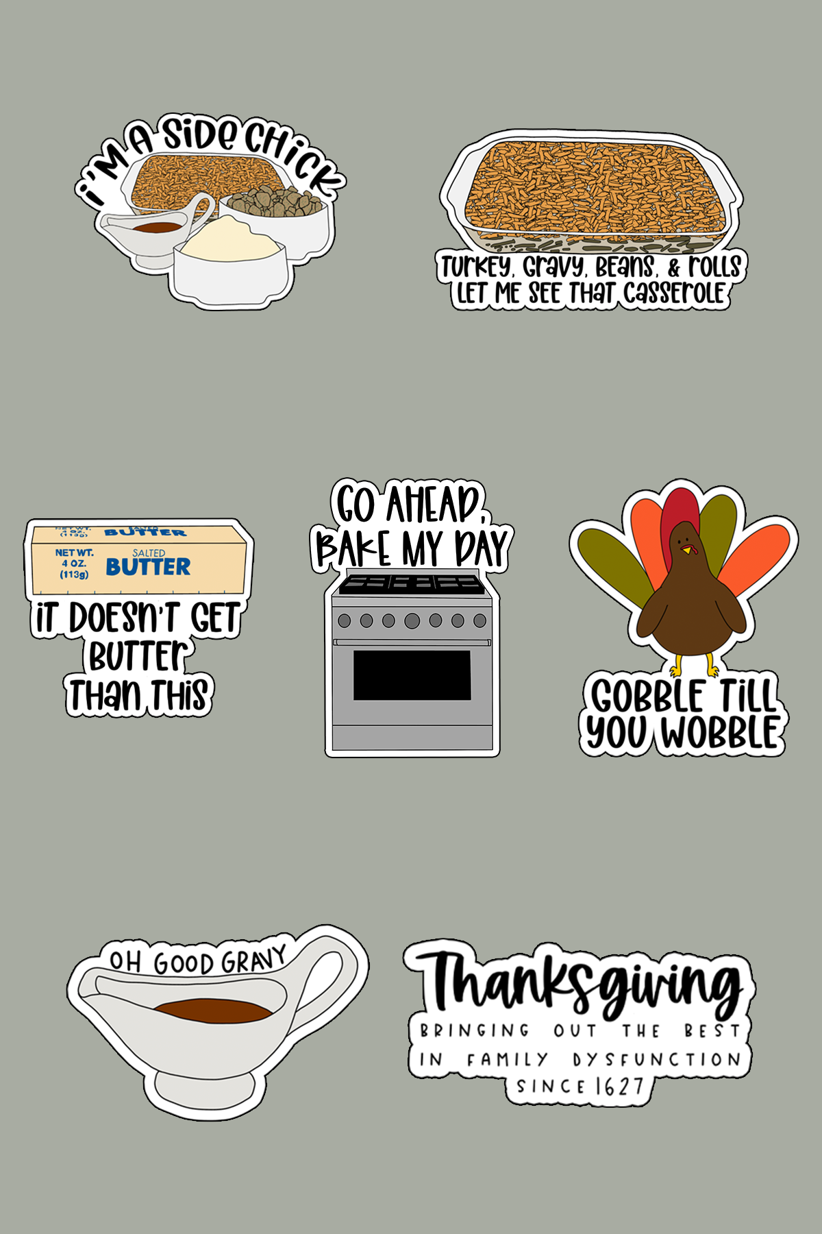 This image shows some of the free Thanksgiving planner stickers you can download at the end of this post. The image shows 23 different funny Thanksgiving stickers with funny sayings and clip art.
