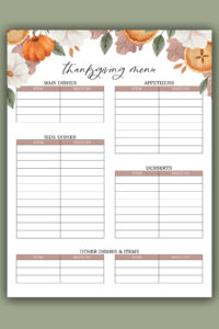 This image shows one of the free Thanksgiving menu planners you can get as part of the Thanksgiving shopping list printable, to do lists, and menu planner set at the end of this blog post.