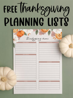 At the top it says, free Thanksgiving planning lists. Below that is an image that shows the free Thanksgiving menu planner printable you can get as part of the Thanksgiving shopping list printable, to do lists, and menu planner set at the end of this blog post. This image shows the meal planner surrounded by some pumpkins.