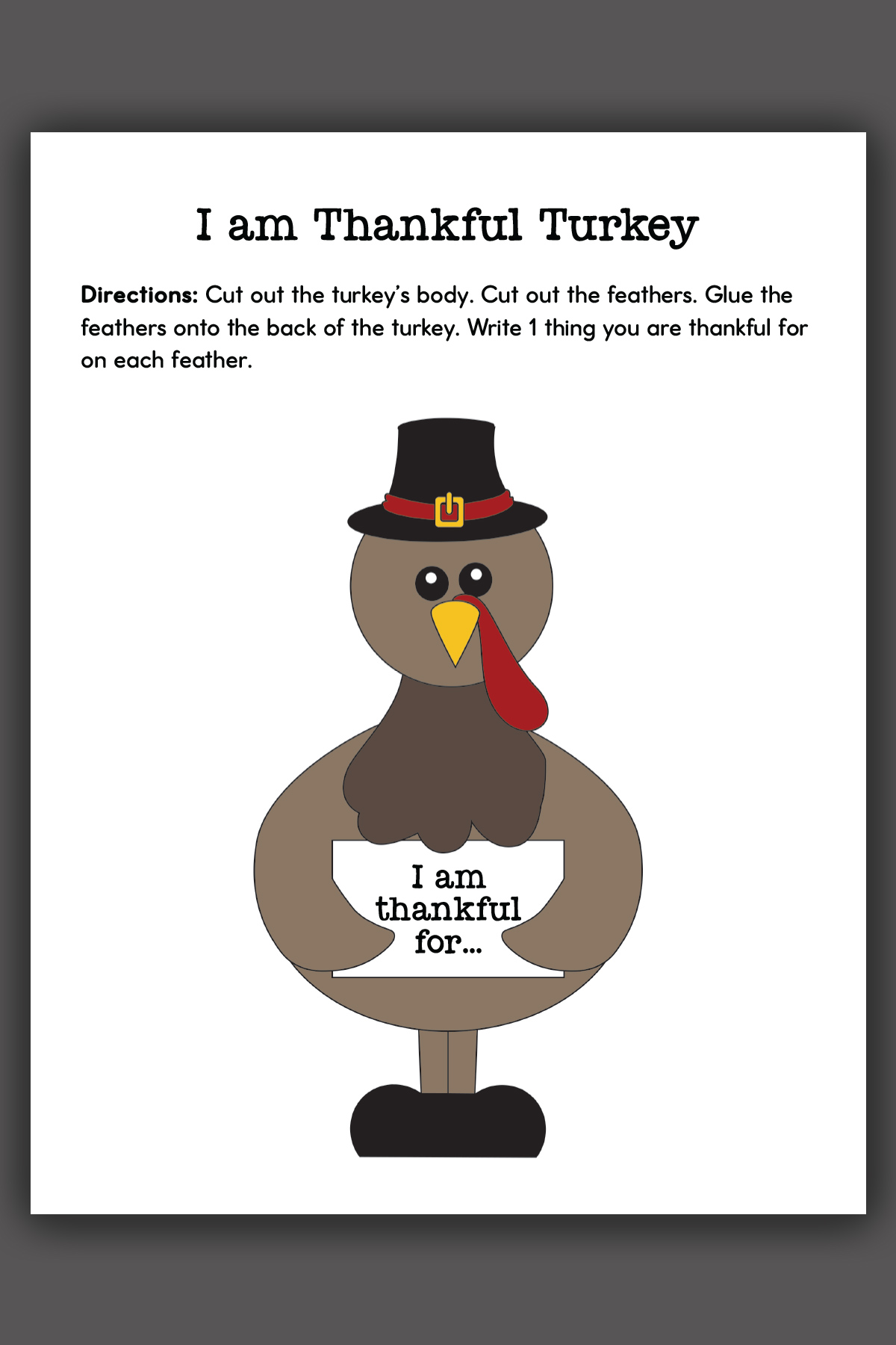 This is an image of one of the pages in the Thanksgiving thankful turkey printable set. This is showing the more advanced turkey to cut out that is in color (no need to color him in, he’s ready to print and cut).