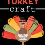 At the top it says thankful turkey craft. At the bottom it says free printables. In the middle is an example of a complete free Thanksgiving thankful turkey printable, which you can get for free at the end of this blog post.