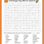 This image shows a Thanksgiving Word search printable which you can get at the end of the blog post. This example is showing the hard version. At the top, the word search says Thanksgiving word search. Below that is a grid of letters. Underneath that is a list of Thanksgiving themed words to search for (such as turkey, fall, football, and more). This example also has color Thanksgiving clip art including a pumpkin, ear of corn, acorn, and slice of pumpkin pie.