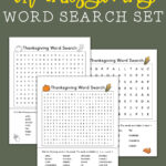 At the top, this image says Free Printable Thanksgiving word search set. At the bottom, it says answer keys included. In the middle is all 3 word search options layered on top of each other.