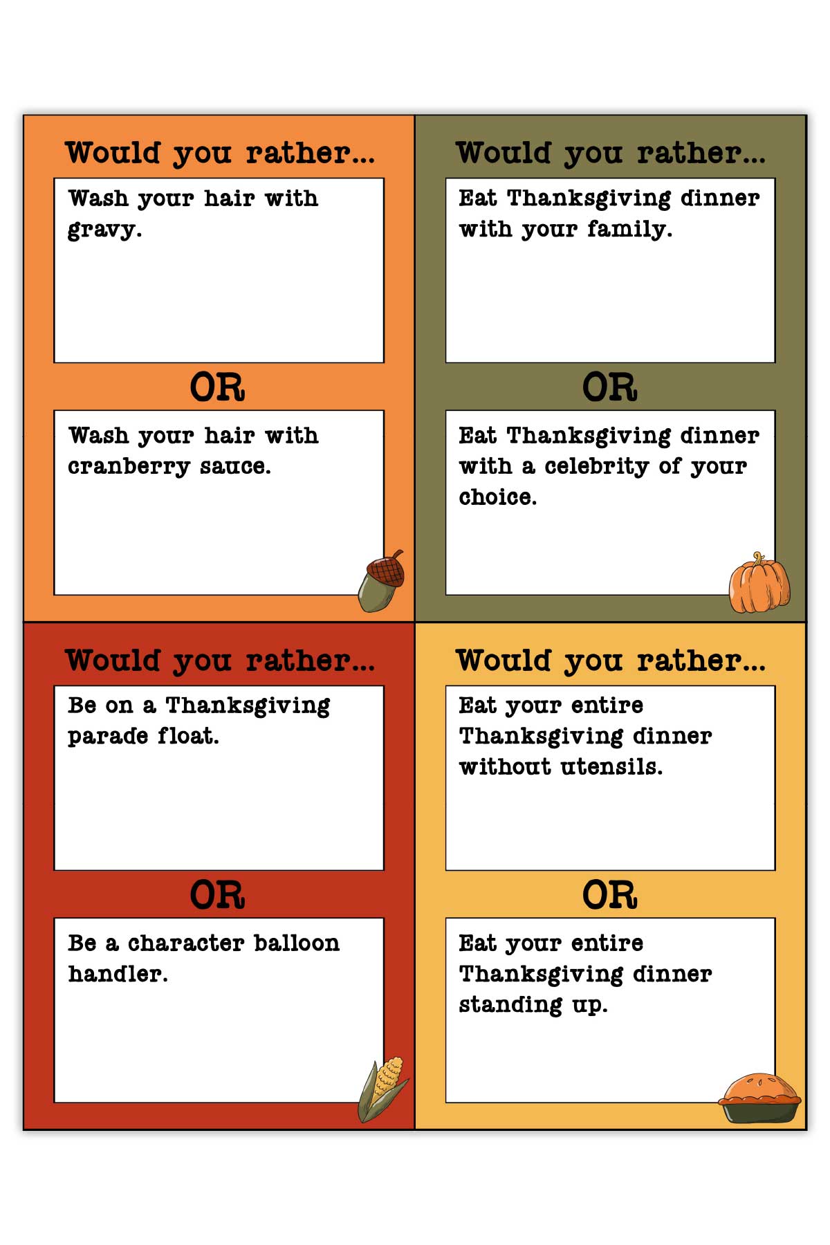 Free Printable Thanksgiving Would you Rather? Game