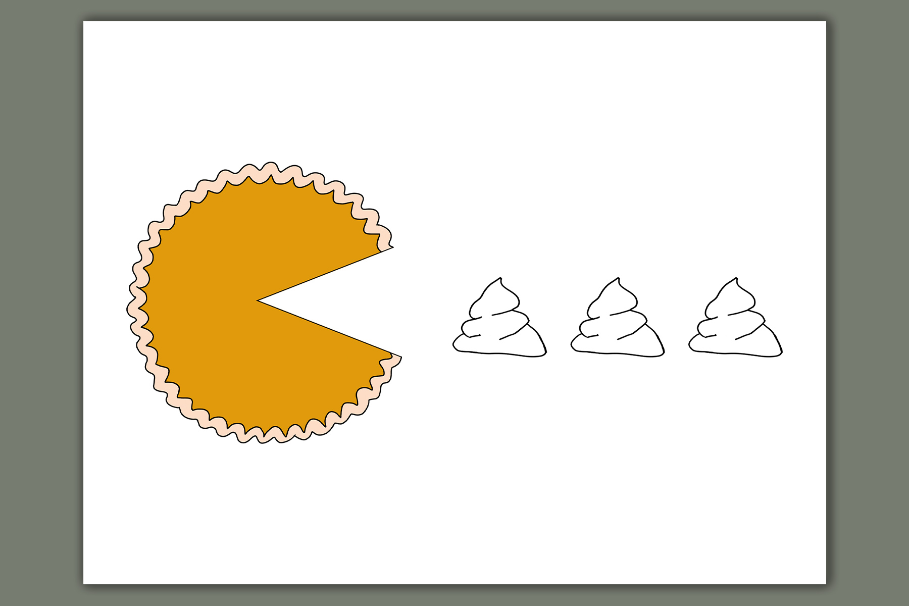 This image shows one of the printable thanksgiving cards you can get for free at the end of this post. This card shows a pumpkin pie with a piece cut out of it to look like Pacman. It is chasing 3 dollops drawings of whipped cream.