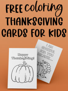 At the top, the image says free coloring Thanksgiving cards for kids. Below that the image shows two of the cards from the Thanksgiving cards coloring pages set.