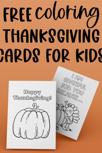 At the top, the image says free coloring Thanksgiving cards for kids. Below that the image shows two of the cards from the Thanksgiving cards coloring pages set.