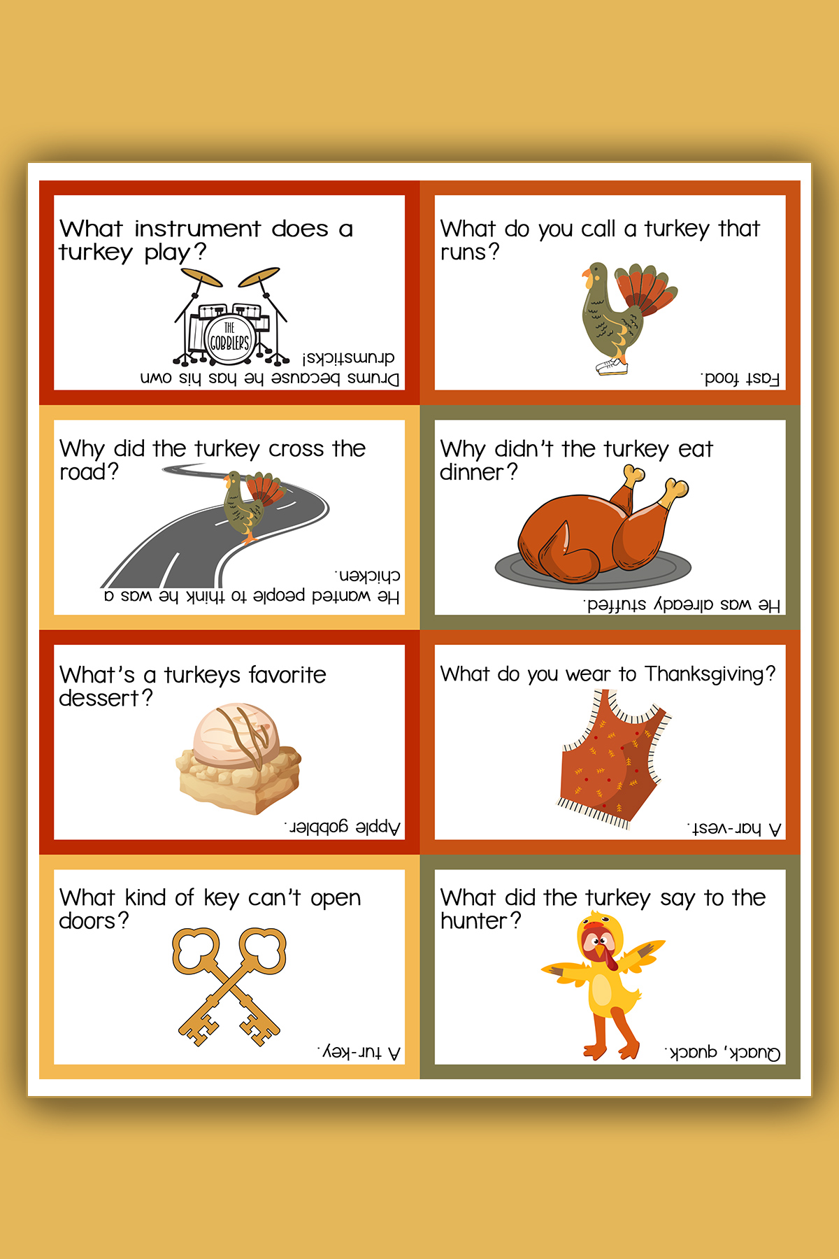 This image shows one of the two pages of 16 free Thanksgiving lunch joke notes you get for free at the end of this blog post. In addition, you get a list of a total of 45 of the best Thanksgiving jokes for kids.