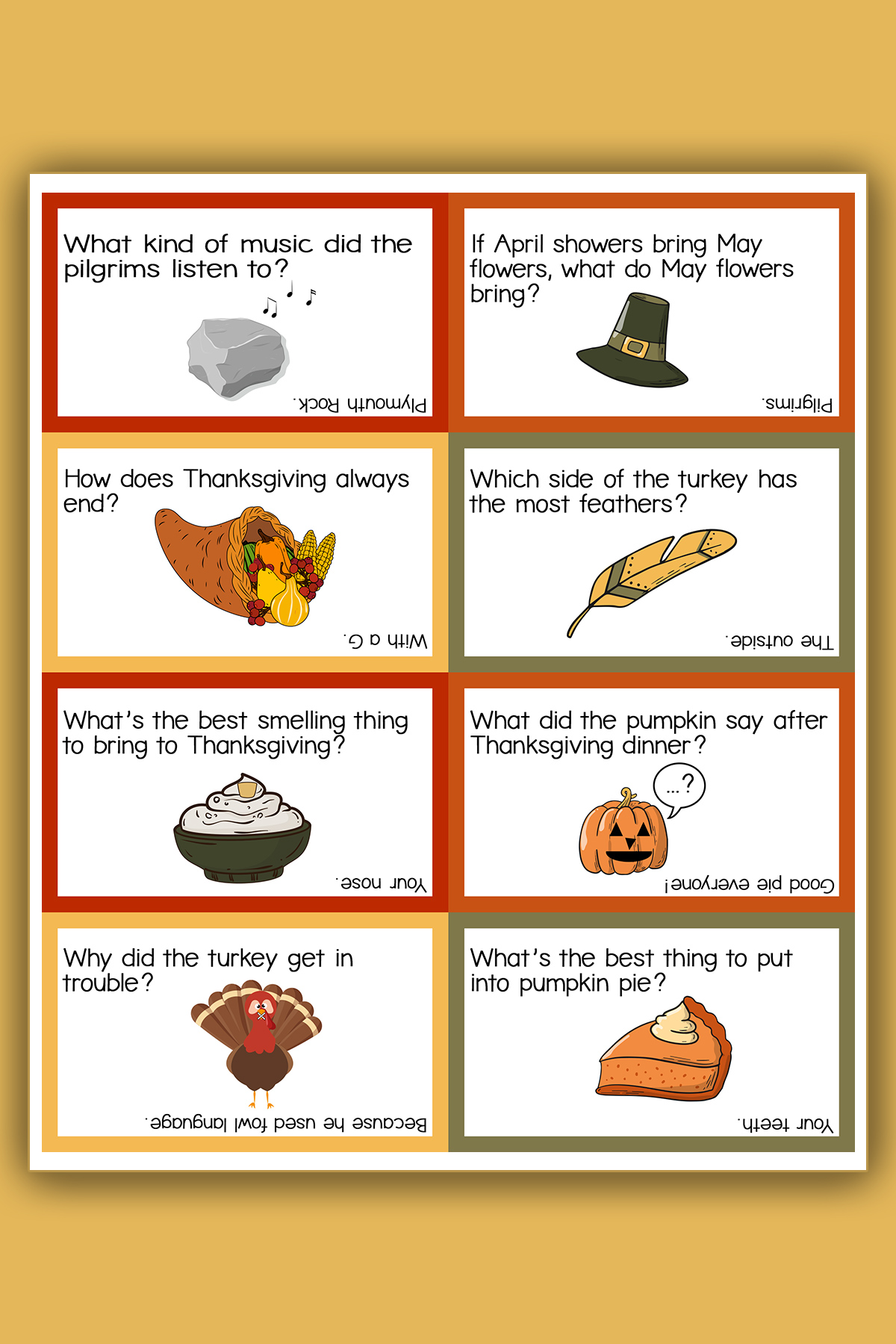 This image shows one of the two pages of 16 free Thanksgiving lunch joke notes you get for free at the end of this blog post. In addition, you get a list of a total of 45 of the best Thanksgiving jokes for kids.