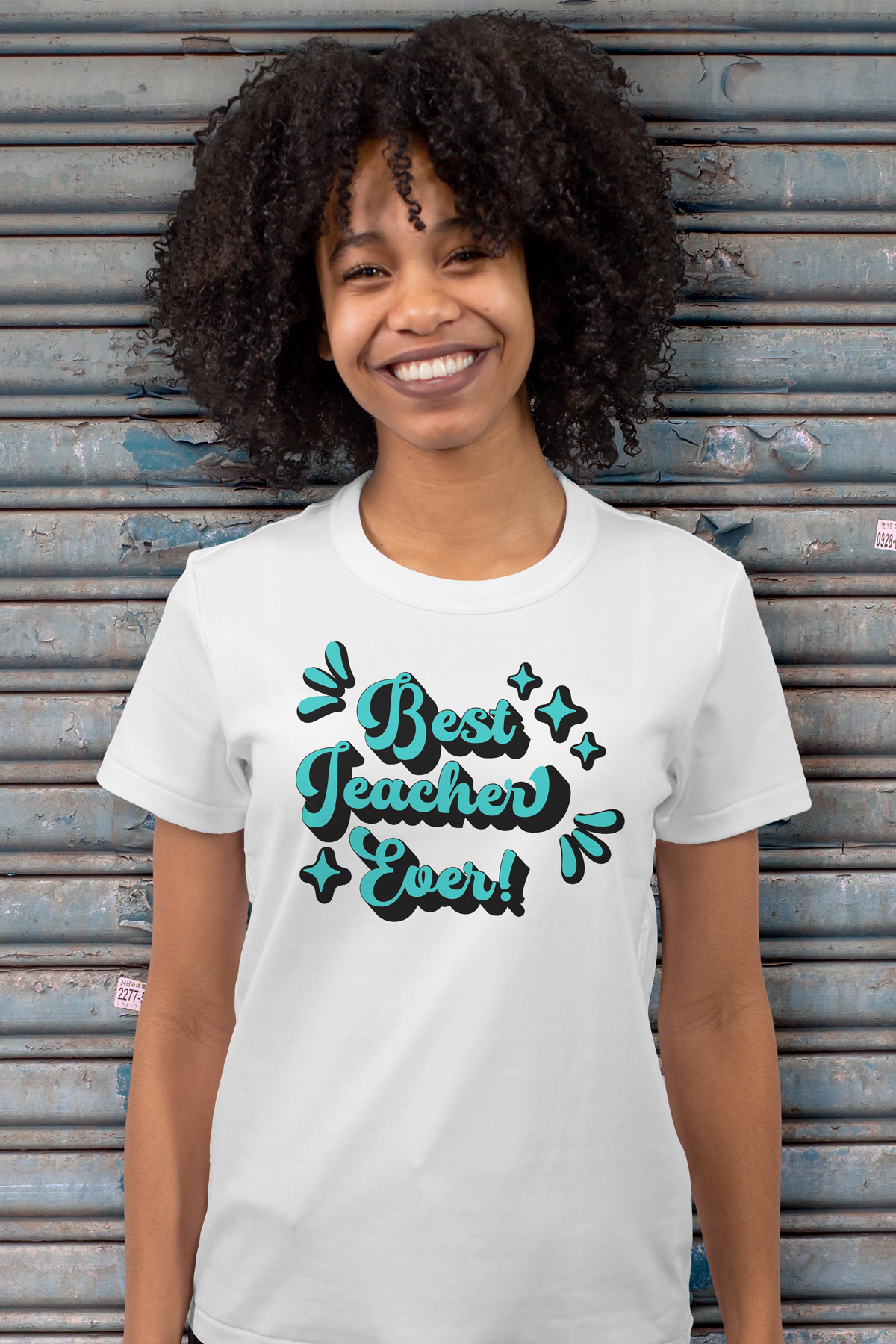 This image shows a woman wearing a shirt that says best teacher ever. It is the best teacher svg free file you can get in this post.