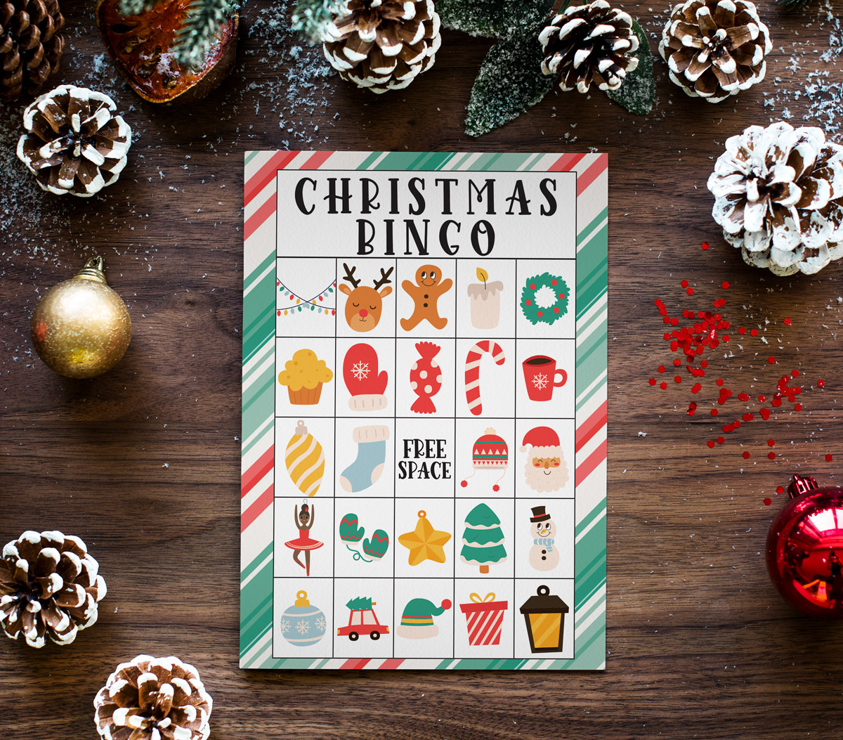 This image shows an example of one of the Christmas bingo printable game boards you can get for free at the end of this blog post.