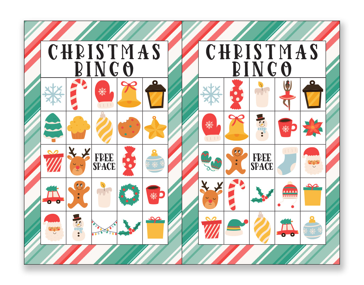 This image shows an example of two of the Christmas bingo printable game boards you can get for free at the end of this blog post.