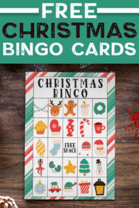 At the top it says Free Christmas Bingo Cards. This image below shows an example of one of the Christmas bingo printable game boards you can get for free at the end of this blog post.