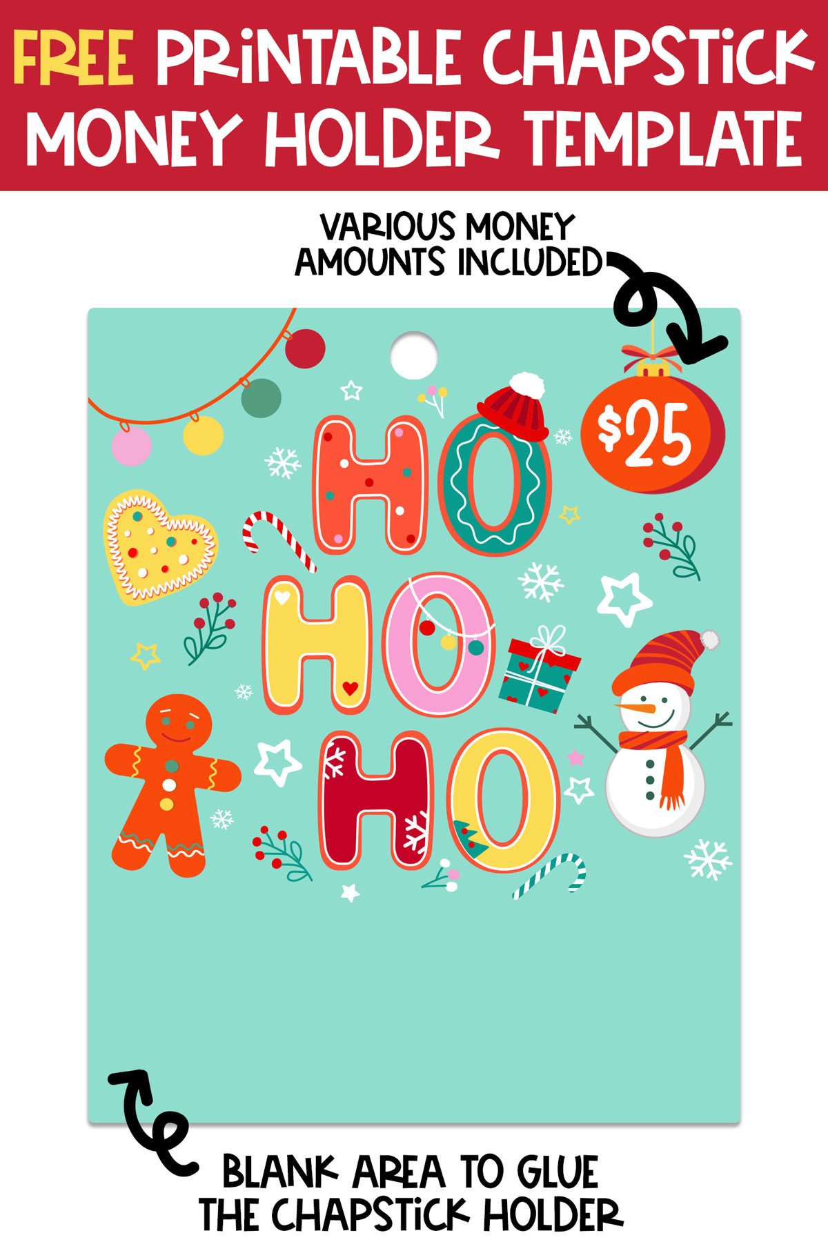 At the top it says free printable chapstick money holder template. Below that is the Ho Ho Ho gingerbread Christmas chapstick money holder card example you can get for free at the end of this blog post. It has an arrow pointing to the $25 and says various money amounts included. At the bottom there is an arrow pointing to the blank area saying blank area to glue the chapstick holder.