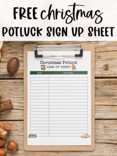 At the top it says free Christmas potluck sign up sheets. Below that, the image shows one of the Christmas potluck sign up sheet free printable options that you can get at the end of this blog post.