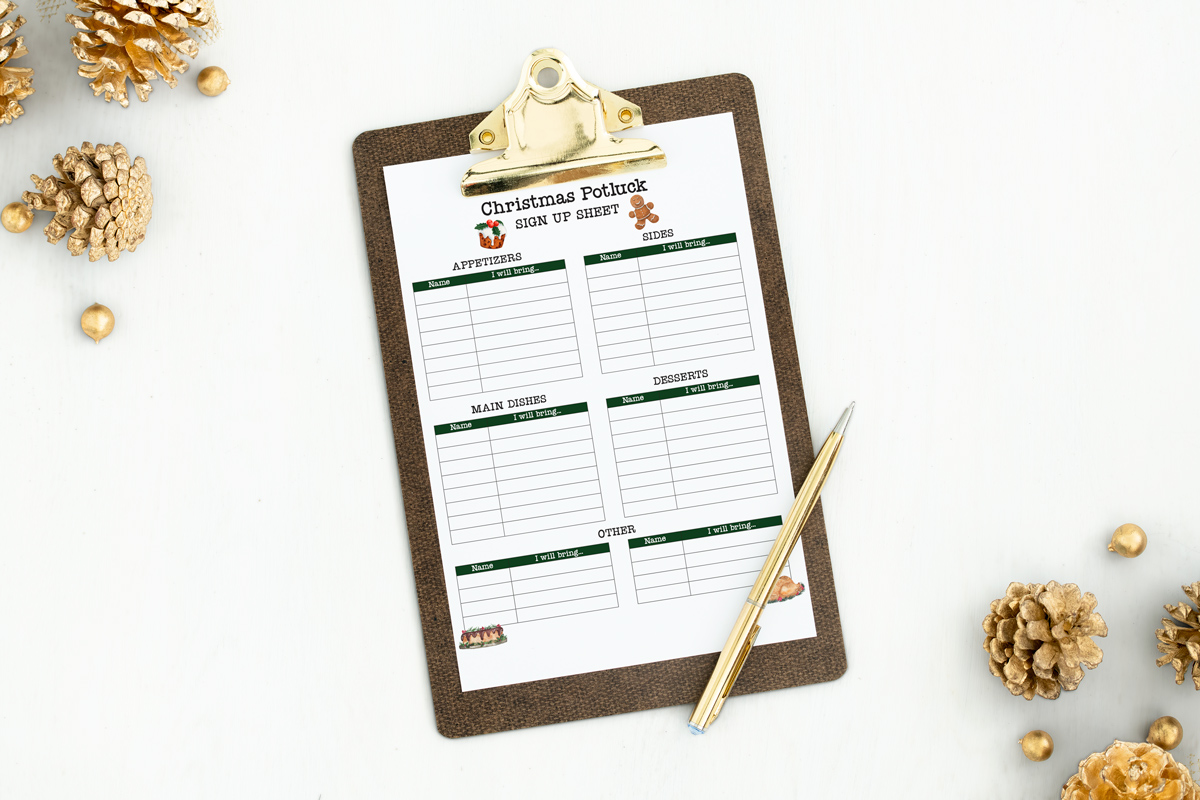 This image shows one of the Christmas potluck sign up sheet free printable options that you can get at the end of this blog post.