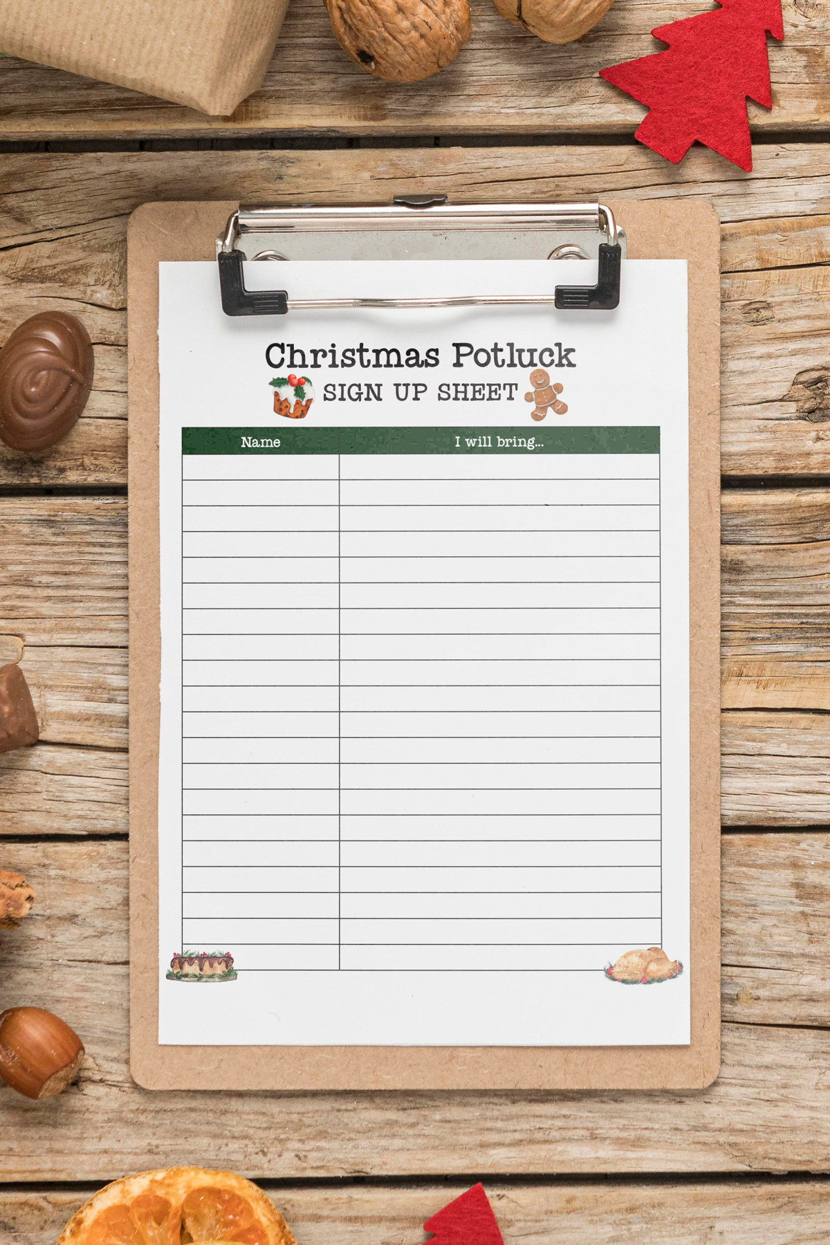 This image shows one of the Christmas potluck sign up sheet free printable options that you can get at the end of this blog post.