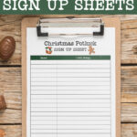 At the top it says free printable Christmas potluck sign up sheets. Below that, the image shows one of the Christmas potluck sign up sheet free printable options that you can get at the end of this blog post.