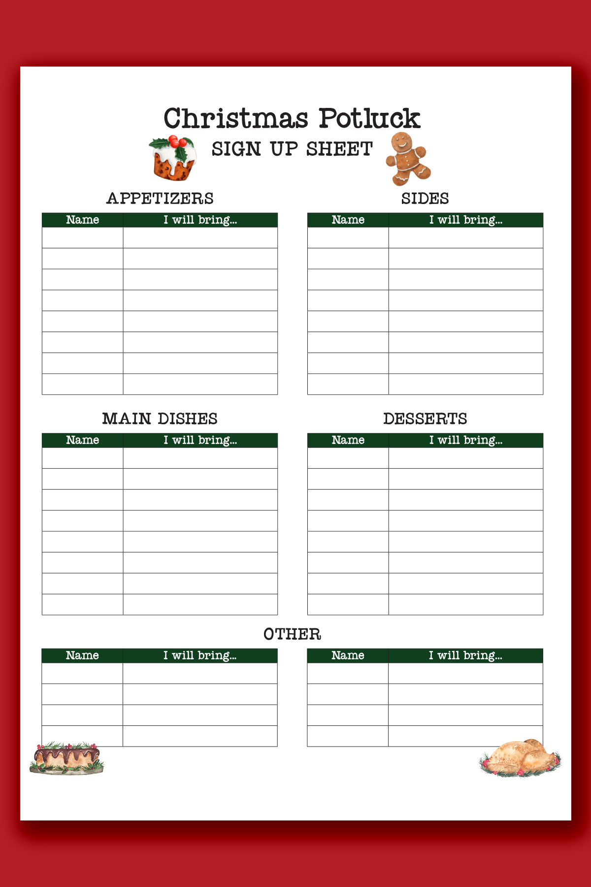 This image shows one of the Christmas potluck sign up sheet free printable options that you can get at the end of this blog post.