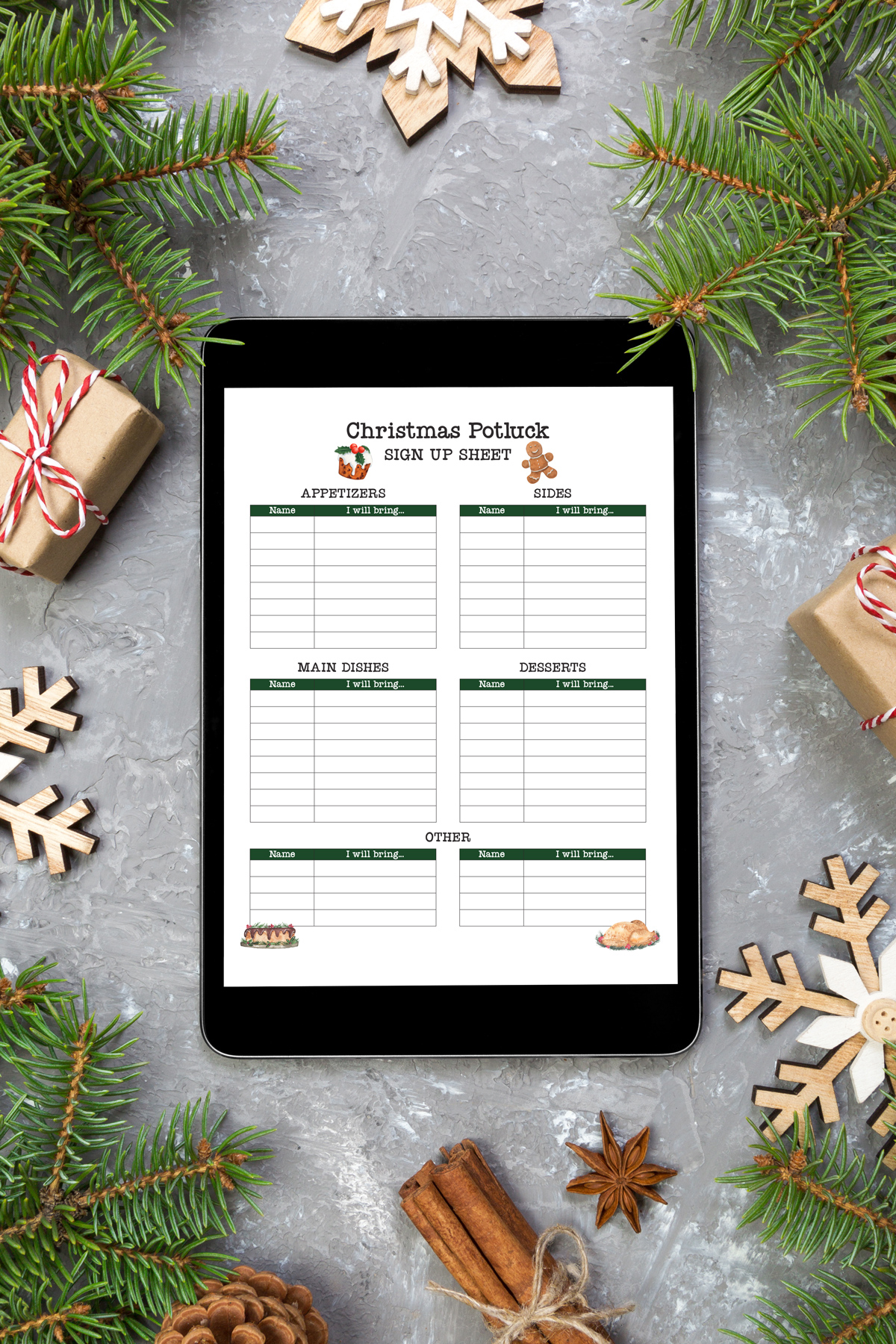 This image shows one of the Christmas potluck sign up sheet free printable options that you can get at the end of this blog post.