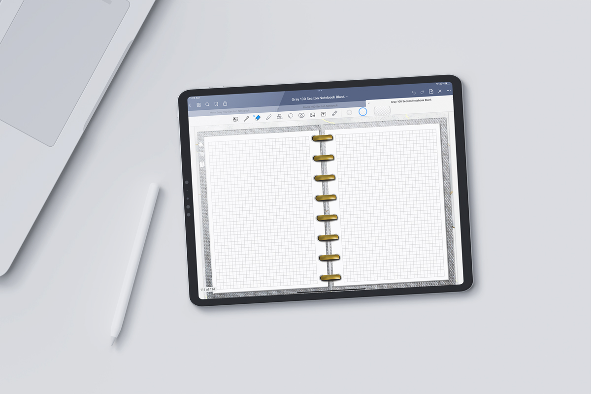 At the top it says 2 free 100 section digital notebooks. Below that is a tablet open to the graph paper template page of one of the free digital notebooks you can get at the end of this post.