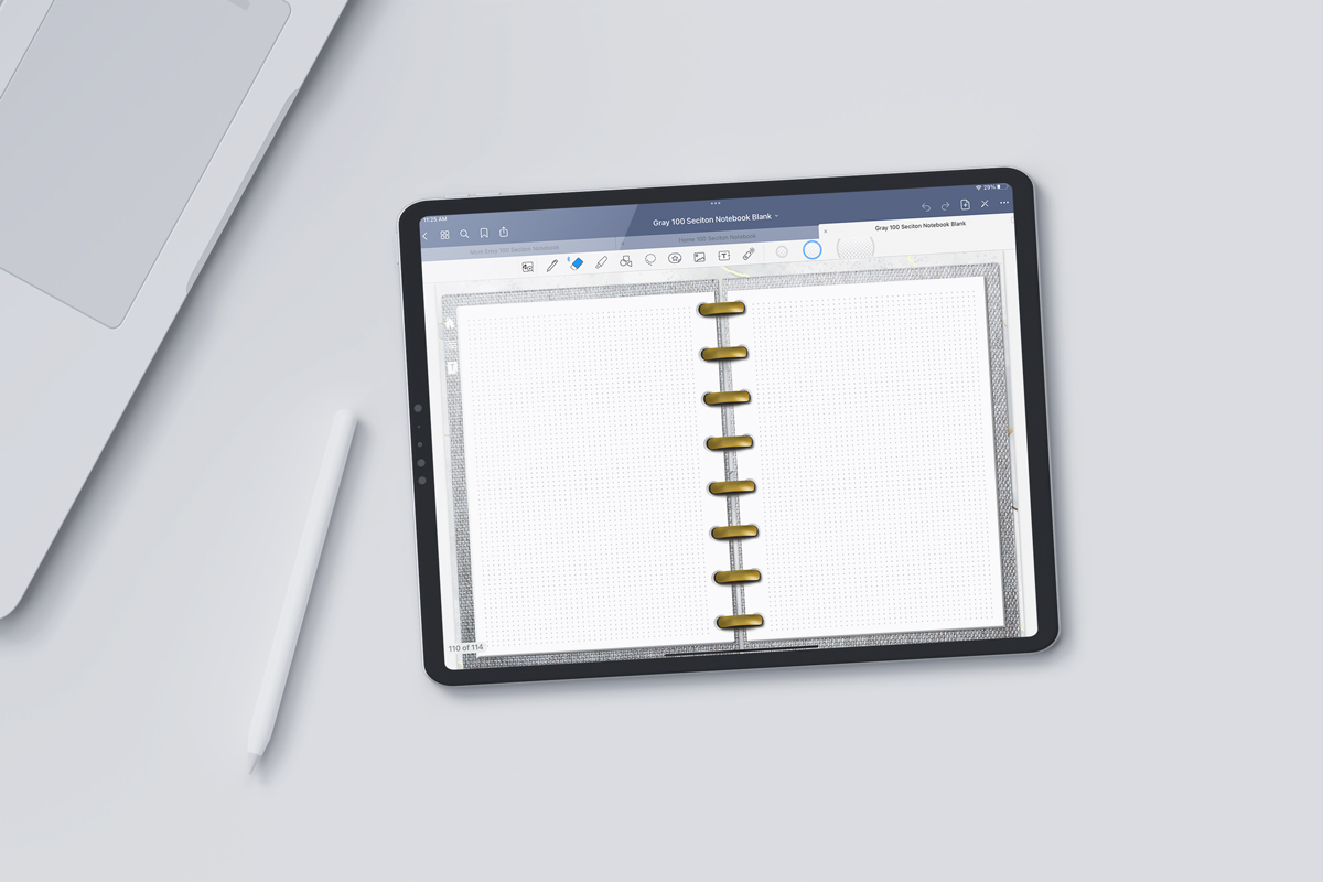 At the top it says 2 free 100 section digital notebooks. Below that is a tablet open to the dot grid paper template page of one of the free digital notebooks you can get at the end of this post.