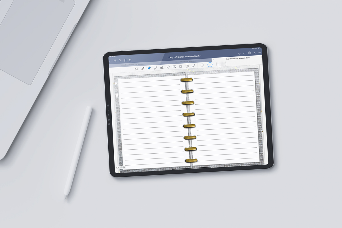 At the top it says 2 free 100 section digital notebooks. Below that is a tablet open to the wide lined template page of one of the free digital notebooks you can get at the end of this post.