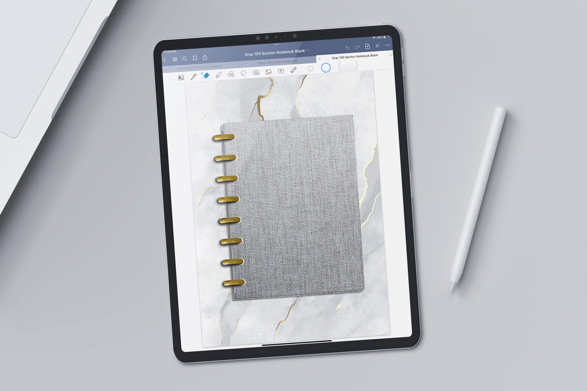 This image is showing a digital notebook on an iPad. It is open to the cover of the gray version of the free digital notebooks you can get at the end of this post.