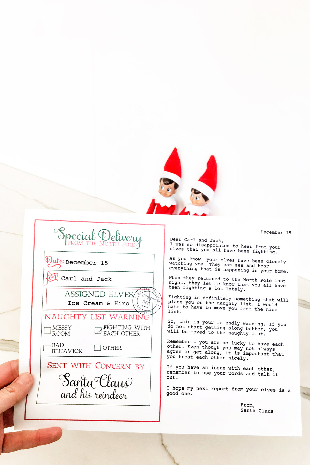 This image is showing an example of the elf warning letter free printable you can get at the end of this blog post.