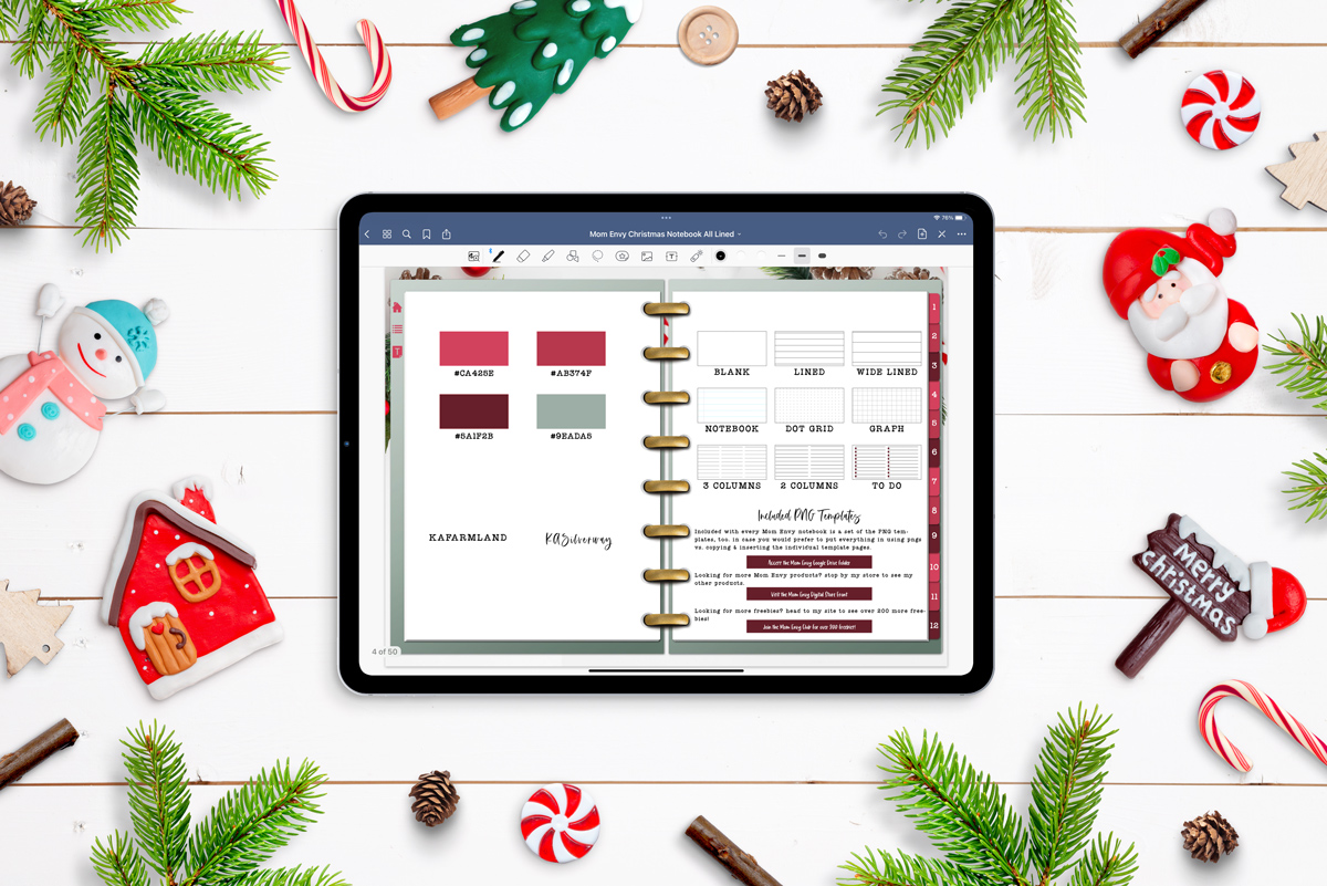 This image shows one of the pages within the free Christmas digital notebook.