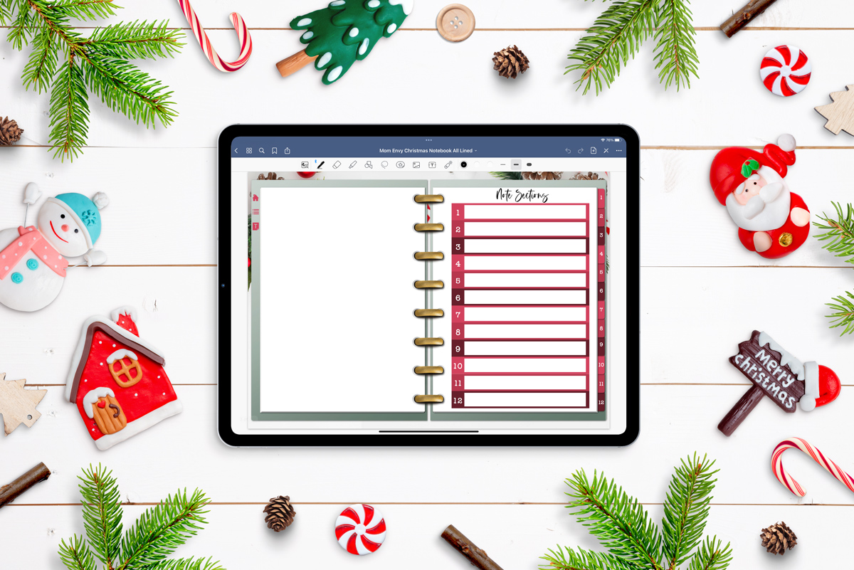 This image shows one of the pages within the free Christmas digital notebook.