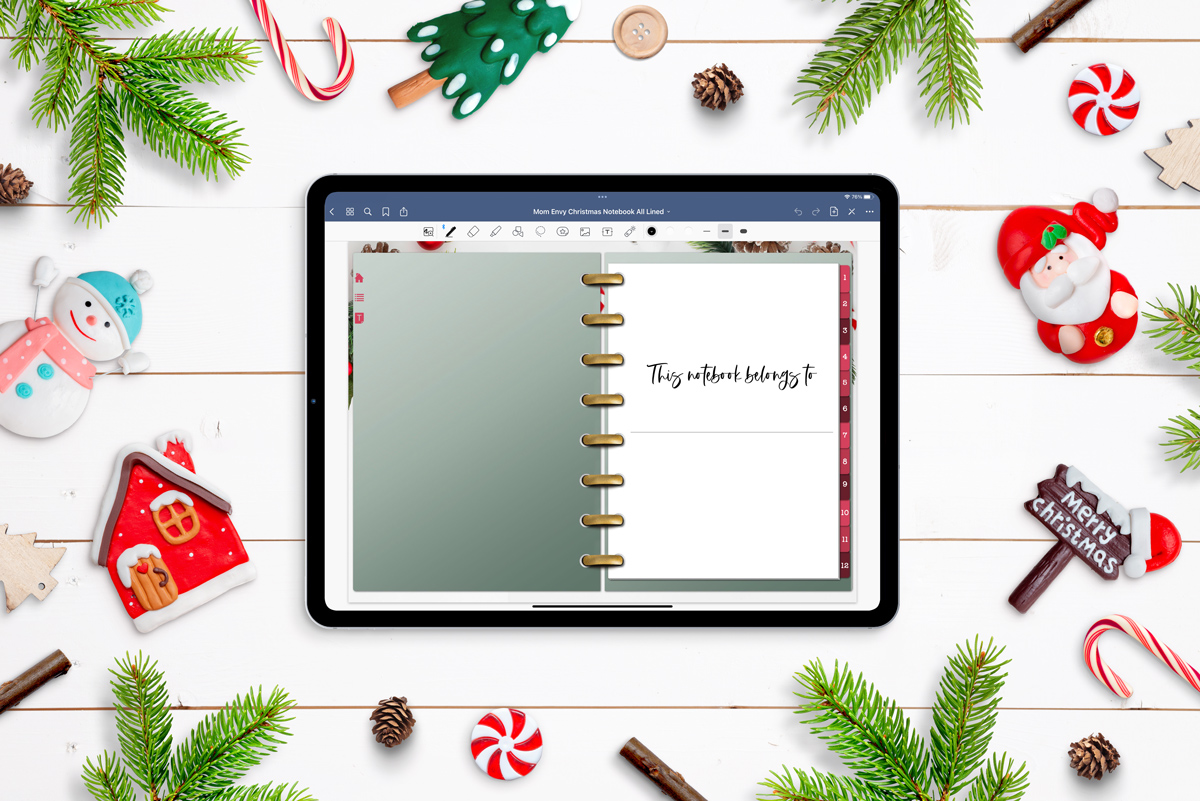 This image shows one of the pages within the free Christmas digital notebook.