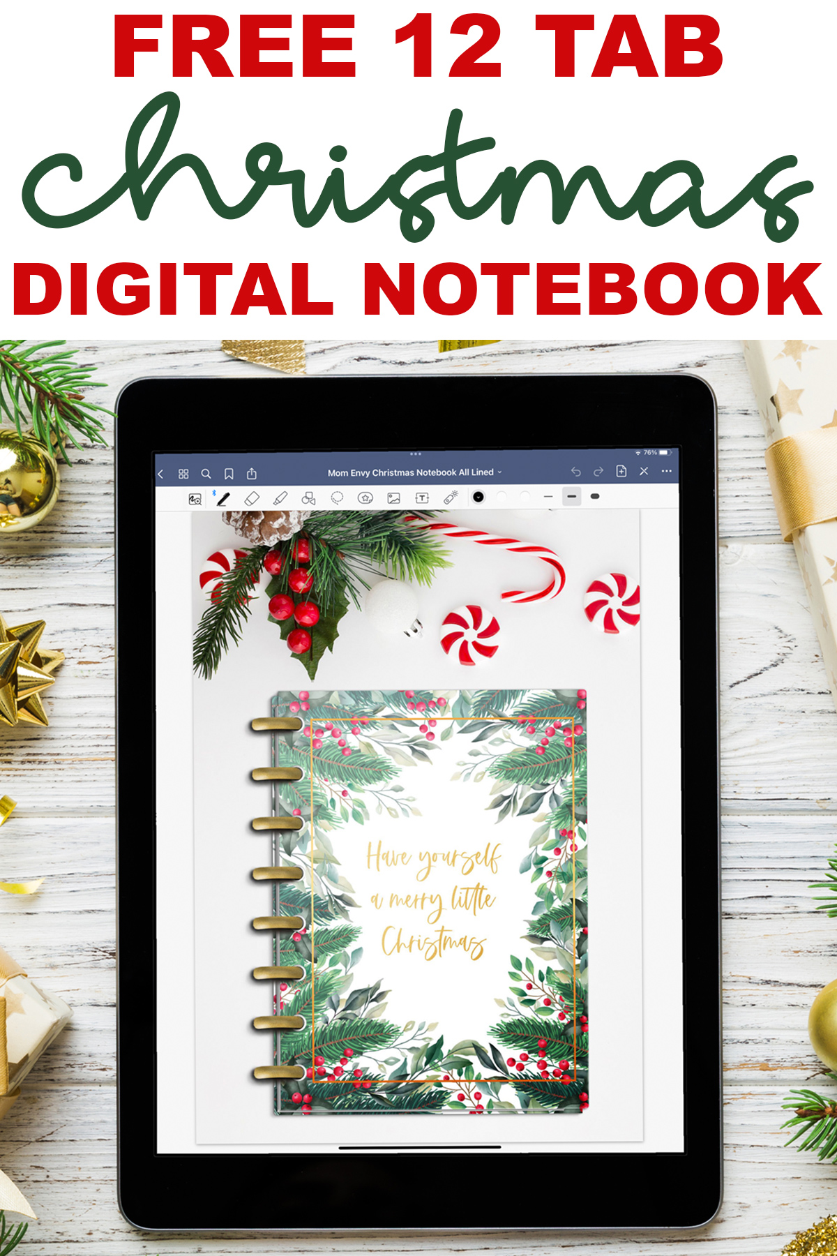 The top says free 12 tab Christmas digital notebook. Below that is an image that shows the cover of the free Christmas digital notebook.