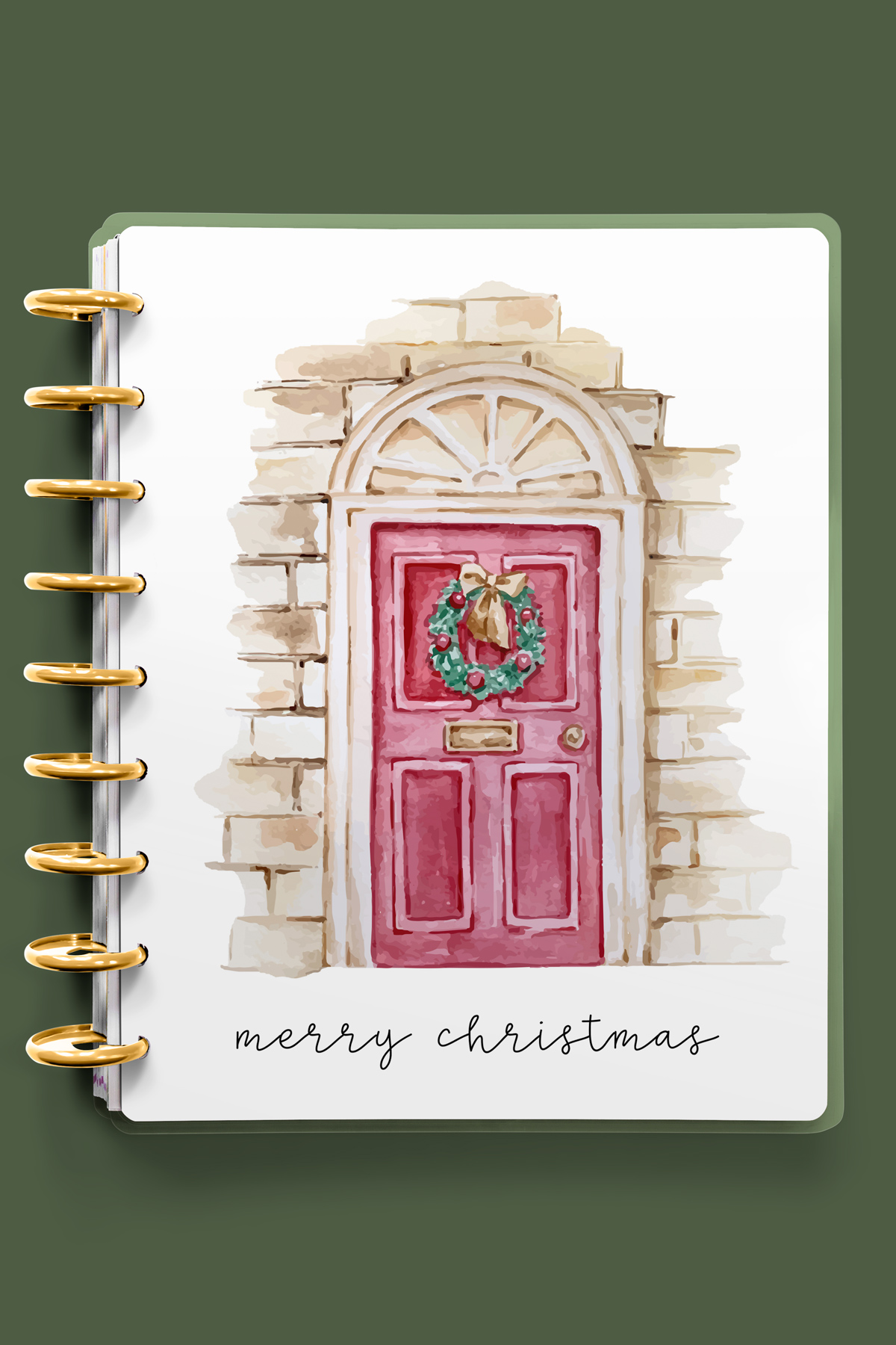 This image shows one of the designs you can get in this free Merry Christmas planner cover and inserts set. It has a front door with a Christmas wreath on it.