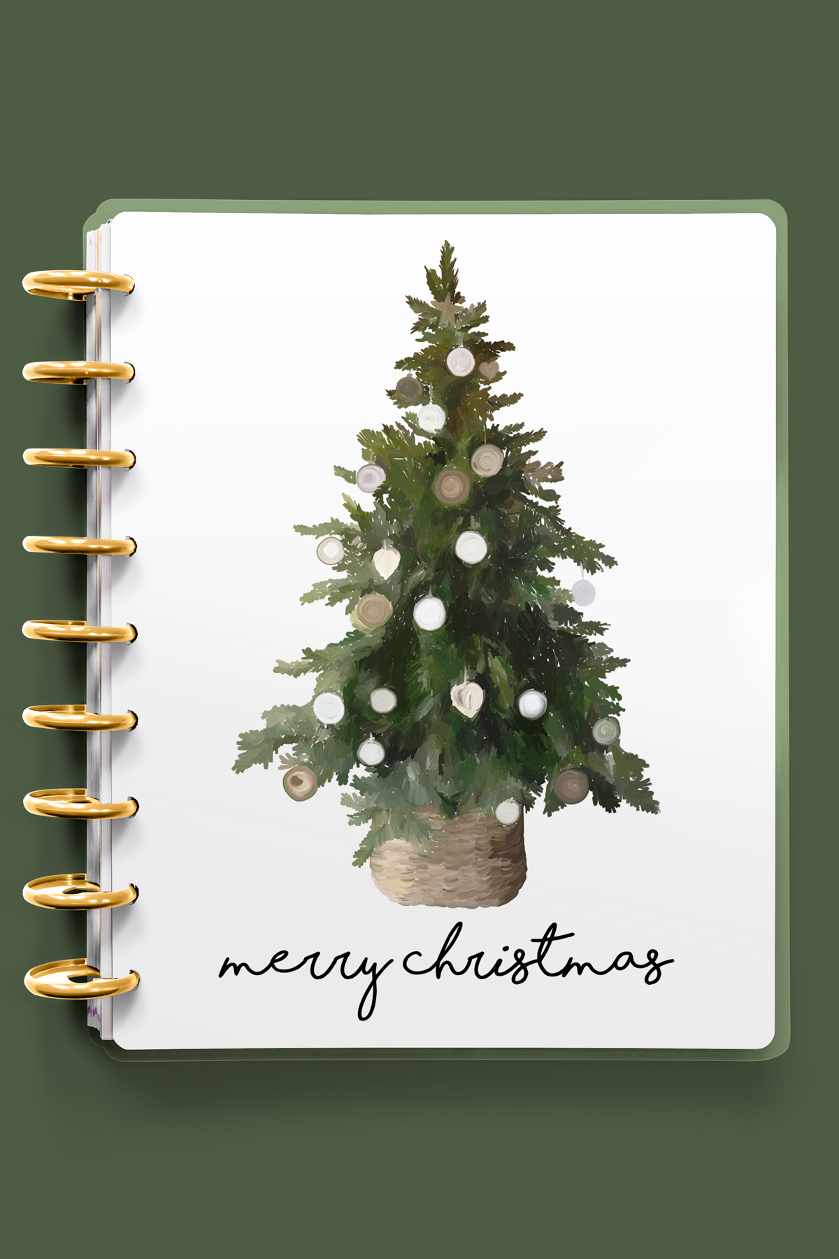 This image shows one of the designs you can get in this free Merry Christmas planner cover and inserts set. It has the picture of a tree with some ornaments on it.