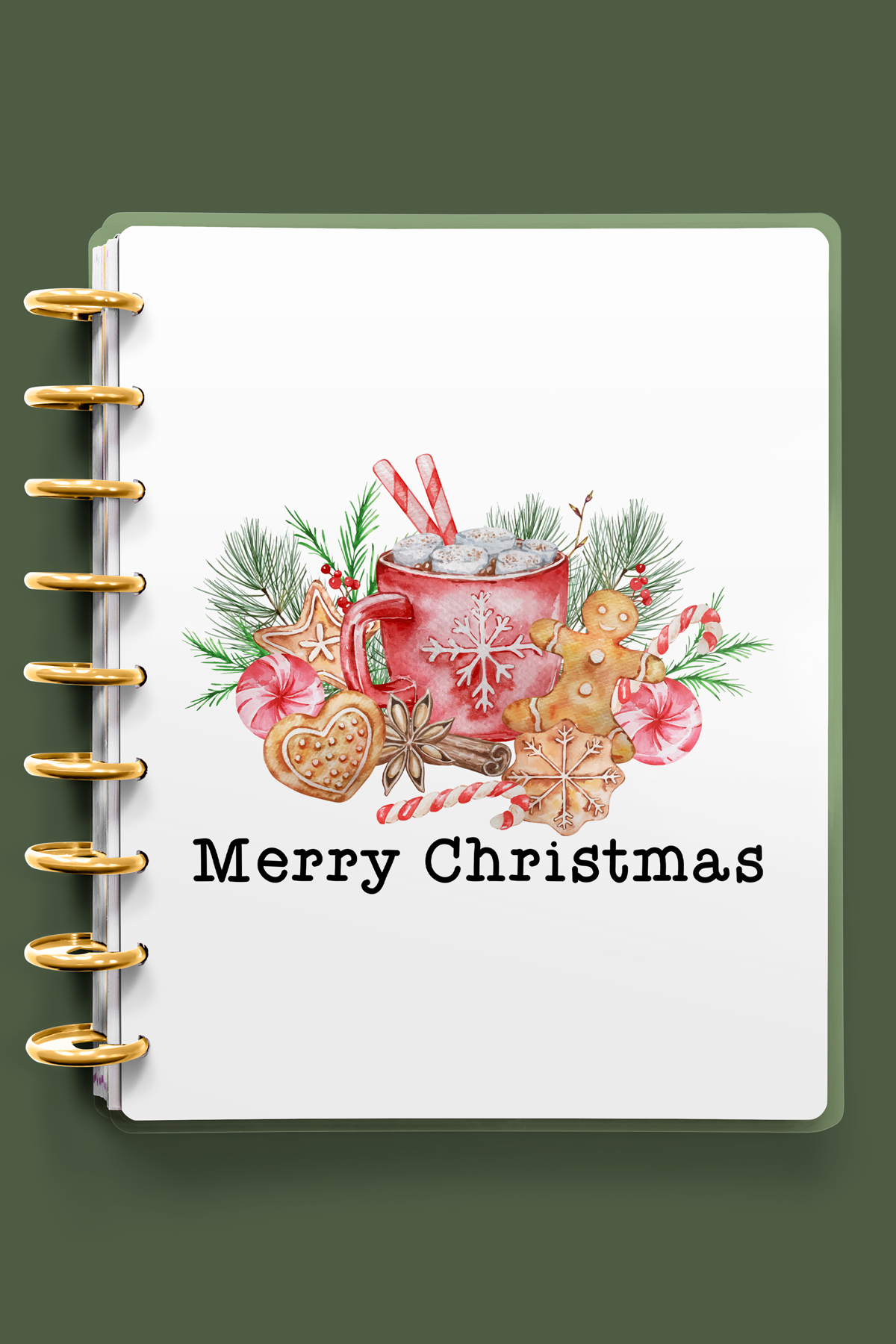 This image shows one of the designs you can get in this free Merry Christmas planner cover and inserts set. It has a mug of hot chocolate and Christmas treats with it.