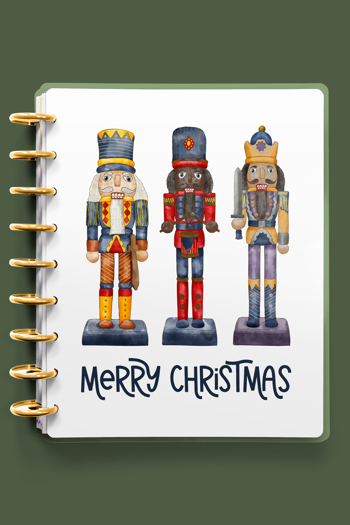 This image shows one of the designs you can get in this free Merry Christmas planner cover and inserts set. It has 3 nutcrackers on it.
