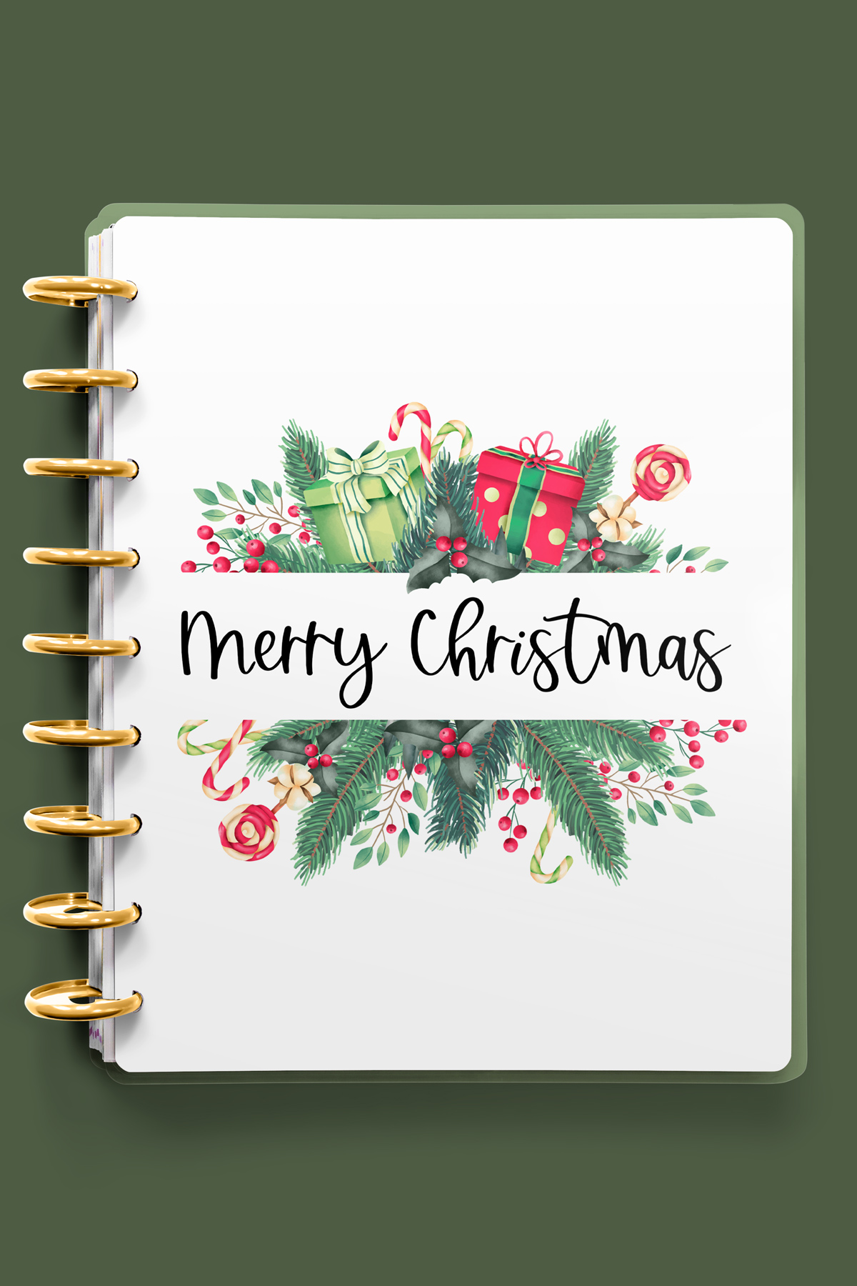 This image shows one of the designs you can get in this free Merry Christmas planner cover and inserts set. It has Christmas florals and Christmas gifts on it.